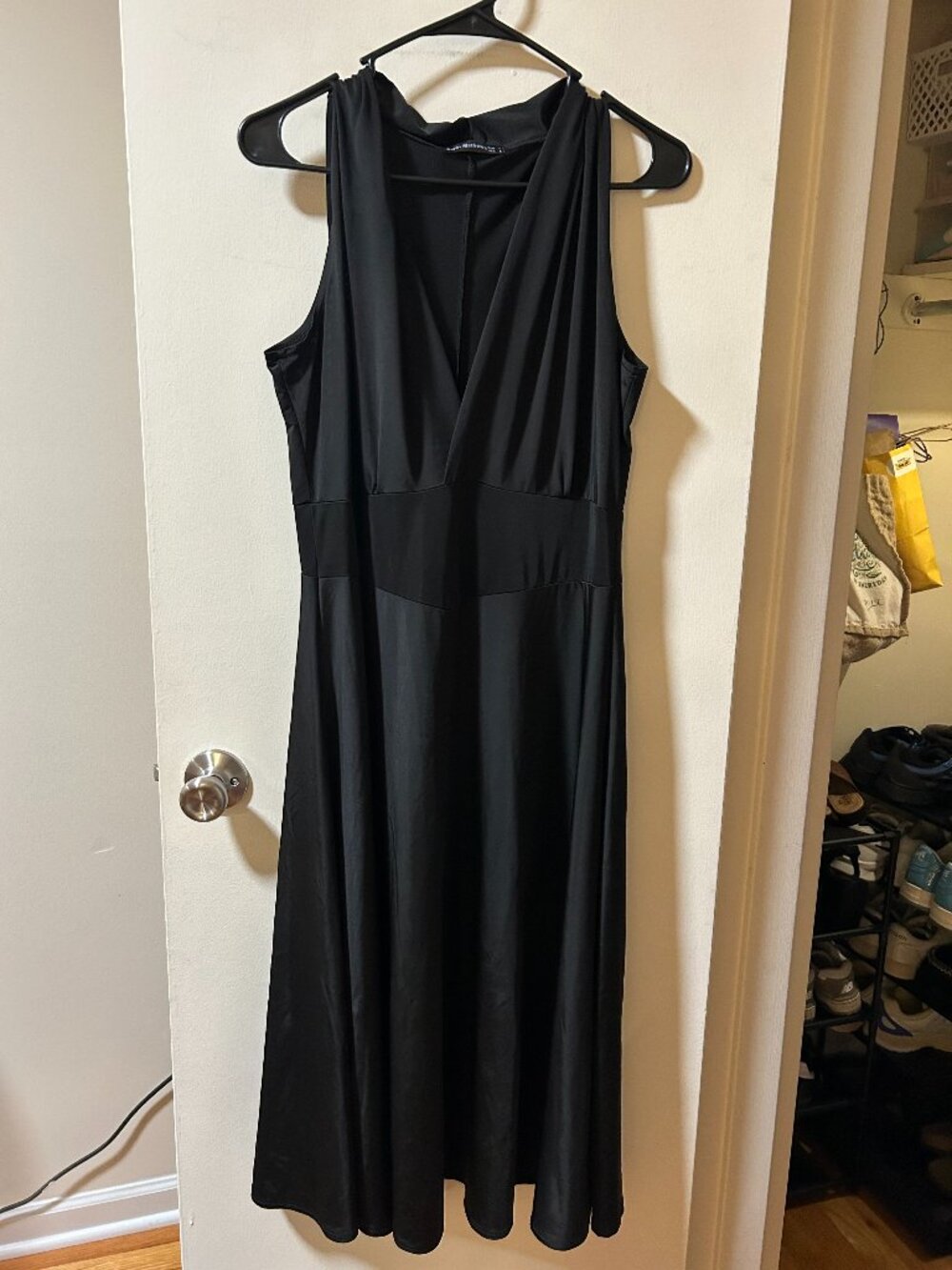 Sarin Mathews -- black sheer deep cut long dress